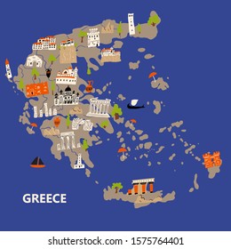 Stylized illustrated map of Greece. Vector design in handdrawn style. 