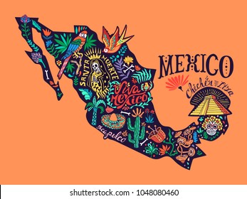 Stylized illustrated map of Mexico with elements of nature and culture