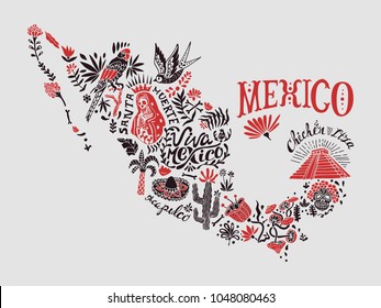 Stylized illustrated map of Mexico with elements of nature and culture