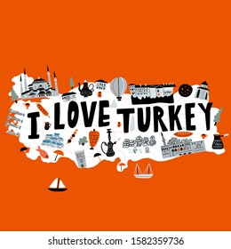 Stylized illustrated map of Turkey. Vector design in handdrawn style. I love Turkey