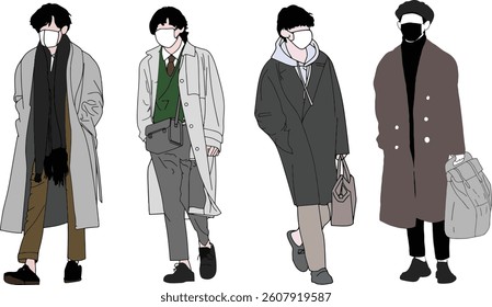 Stylized illustrated representation of fashionable individuals dressed in winter attire wearing masks,capturing modern trends and personal styles.Perfect for lifestyle,fashion concepts,seasonal themes