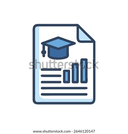 Stylized illustration of an academic report displaying a bar graph and graduation cap icon. Flat vector graphic.