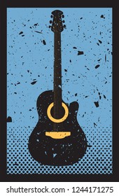 Stylized illustration of an acoustic guitar, and blue grunge texture