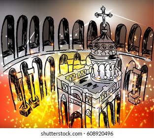 A stylized illustration of the Aedicule in the Church of the Holy Sepulcher. Holy fire. Vector design