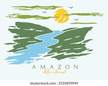 Stylized illustration of an Amazon landscape. Minimalist style art depicting the rainforest.