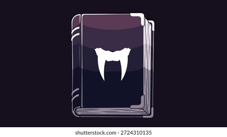 A stylized illustration of an ancient book with a vampire fang symbol on its cover. Gothic, dark fantasy aesthetic, suitable for game assets or Halloween themes.