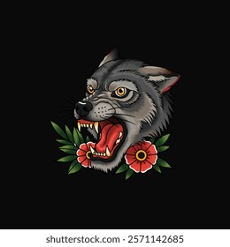 A stylized illustration of an angry wolf's head surrounded by red flowers and green leaves, possibly a tattoo design.