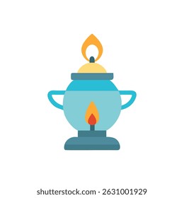 Stylized illustration of an antique oil lantern with a burning flame. Flat design, centered composition and against a solid White Background.