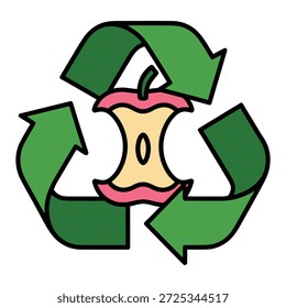 Una ilustración estilizada de un núcleo de manzana dentro de un símbolo de reciclaje verde, que representa el reciclaje de desechos orgánicos y el compostaje.