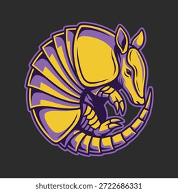 Una ilustración estilizada de un armadillo enrollado en una pelota defensiva, con colores violeta y amarillo, adecuado para una mascota o logotipo.