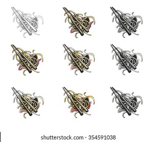 Stylized illustration of Asian food nine ways: as monochrome contour, several rough sketches, accurate sketch with gradient and mesh, and three black-and-white variations