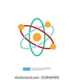 Ilustração estilizada de um átomo, apresentando um núcleo laranja central com elétrons em órbita representados por círculos coloridos e caminhos elípticos.