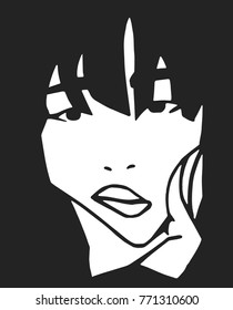 Stylized illustration of attractive girl squeezing her face in black and white