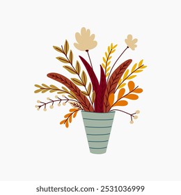 A stylized illustration of an autumnal flower arrangement in a striped pot.