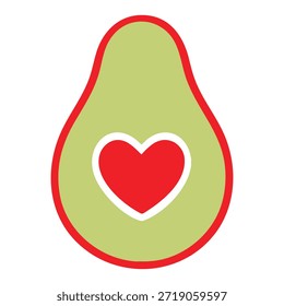 Una ilustración estilizada de una mitad de aguacate con un símbolo de corazón rojo en el interior, que representa una alimentación saludable y el amor por los aguacates.
