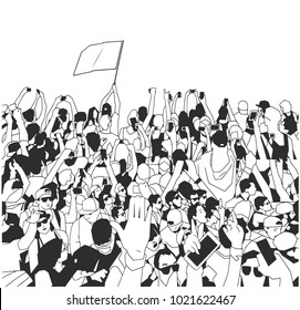 Stylized illustration, background art of party people at concert with raised hands recording in black and white