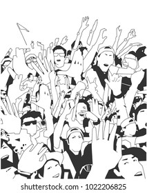 Stylized illustration, background art of party people at concert with raised hands in black and white