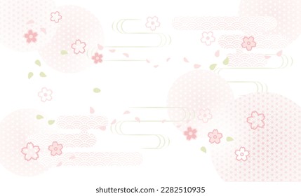 Stylized illustration background. Cherry blossom, cloud and Japanese pattern, pastel vector illustration. Postcard. 