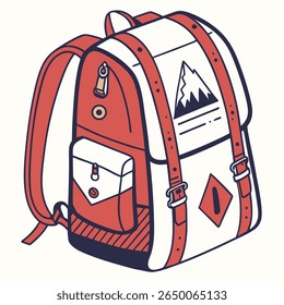 Uma ilustração estilizada de uma mochila, com um gráfico de montanha, tiras vermelhas e uma estética vintage, perfeita para aventuras ao ar livre.