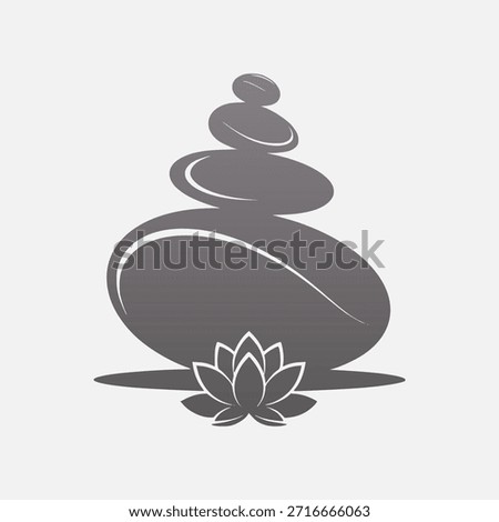 A stylized illustration of a balanced stack of five smooth grey stones, known as a cairn, with a delicate lotus flower positioned at its base, symbolizing tranquility and harmony.
