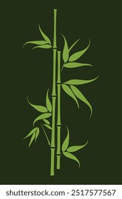 A stylized illustration of bamboo stalks with leaves against a dark green background.