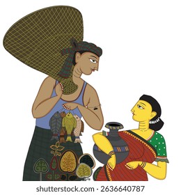 Stylized illustration of a Bangladeshi village man and woman in folk art style, showcasing cultural attire and rural love. Ideal for heritage, romance, and traditional art themes. Folk Art Style