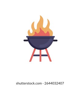 A stylized illustration of a barbecue grill with flames.