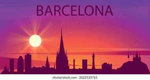 stylized illustration of Barcelona, Spain city skyline against the background of bright sun with rays and rich shades of purple, orange and pink sky