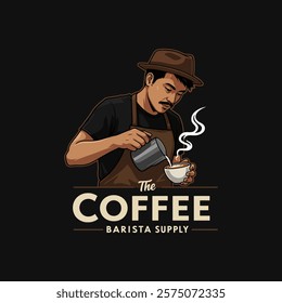 A stylized illustration of a barista pouring milk into a cup of coffee for a coffee shop logo.