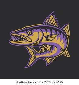 Una ilustración estilizada de un pez barracuda, con su distintivo cuerpo alargado, dientes afilados y una vibrante coloración púrpura y amarilla sobre un fondo oscuro.