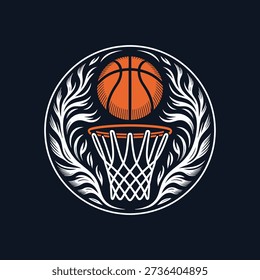 A stylized illustration of a basketball going through a hoop surrounded by a laurel wreath, set against a dark blue background with bold lines and bright orange and white colors