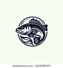 Ilustração estilizada de um Bass fish dentro de um design circular. Logotipo, vetor, emblema, rótulo, emblema. modelo