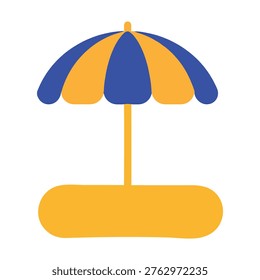 A stylized illustration of a beach umbrella in blue and yellow hues, standing alone on a sandy shore, evoking feelings of relaxation and tranquility. The umbrella's vibrant colors and simple design make it a striking visual element, perfect for representing a fun and carefree summer day by the sea.