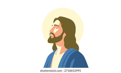 Ilustración estilizada de un hombre barbudo con el pelo largo que lleva una túnica azul con expresión tranquila y rasgos faciales detallados