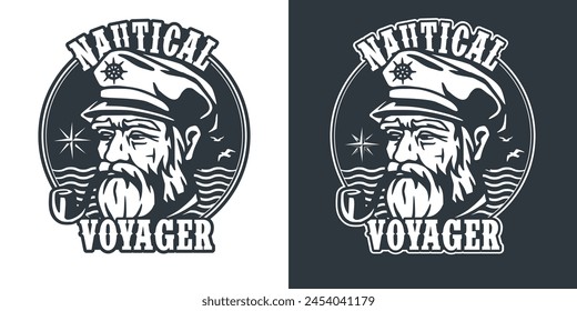 Stylized illustration of a bearded sea captain wearing a nautical hat, embodying the spirit of maritime exploration and adventure with a vintage, classic design ideal for nautical themes.