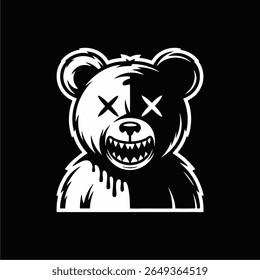Uma ilustração estilizada da cabeça de um urso, dividida ao meio em metades pretas e brancas.  O urso tem dentes afiados exagerados e X's sobre seus olhos, cre...
