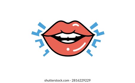 Stylized illustration of beautiful open smiling female lips with sound lines on crisp white background.