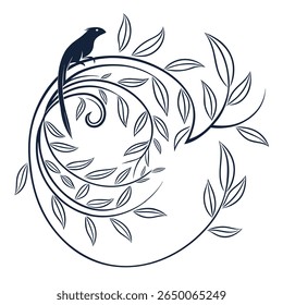 A stylized illustration of a bird sitting on a swirling branch adorned with leaves, all in a minimalist design.