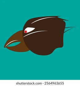 Stylized illustration of a bird's head with a large beak and red eye on a teal background.