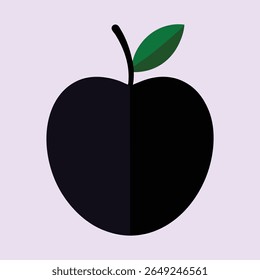 A stylized illustration of a black apple with a green leaf and stem against a light purple background.