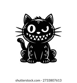 A stylized illustration of a black cat with a mischievous grin and wide, round eyes.