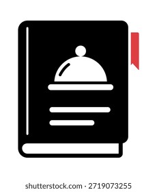 Ilustração estilizada de um livro de receitas preto com um ícone de prato, simbolizando artes culinárias e receitas.