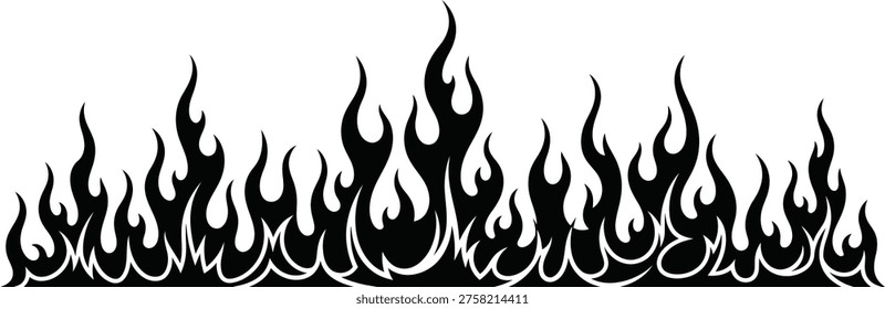 A stylized illustration of black flames on a white background, creating a striking contrast