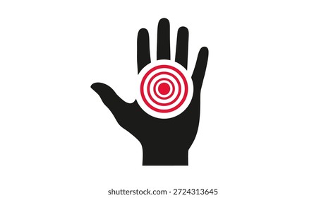 Ilustración estilizada de una silueta de mano negra con un símbolo de blanco rojo en la palma de la mano, que representa dolor, lesión o enfoque.