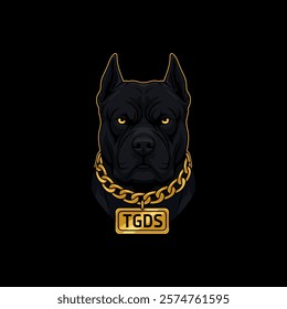 A stylized illustration of a black pitbull's head adorned with a heavy gold chain and a golden tag.