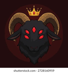 Una ilustración estilizada de la cabeza de un carnero negro con cuernos Grandes y curvos, una corona dorada y seis ojos rojos brillantes.
