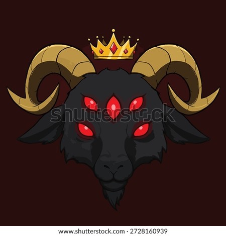 A stylized illustration of a black ram's head featuring six glowing red eyes and a regal golden crown.