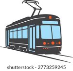 Stylized illustration of a black tram with blue windows. Electric public transport vehicle on rails, used for city transportation.