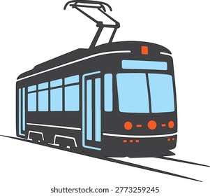 Stylized illustration of a black tram with blue windows. Electric public transport vehicle on rails, used for city transportation.