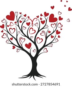 Ilustração estilizada de uma árvore preta com folhas vermelhas em forma de coração e corações menores flutuando ao redor, representando o amor, romance e Dia dos Namorados. Perfeito para cartões, convites ou temas românticos.
